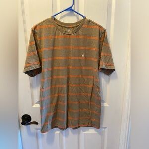 Volcom Men's T-Shirt - Brown with Orange Stripes